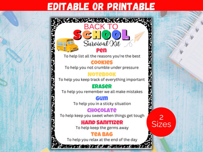 Editable Back to School Survival Kit Gift Tags