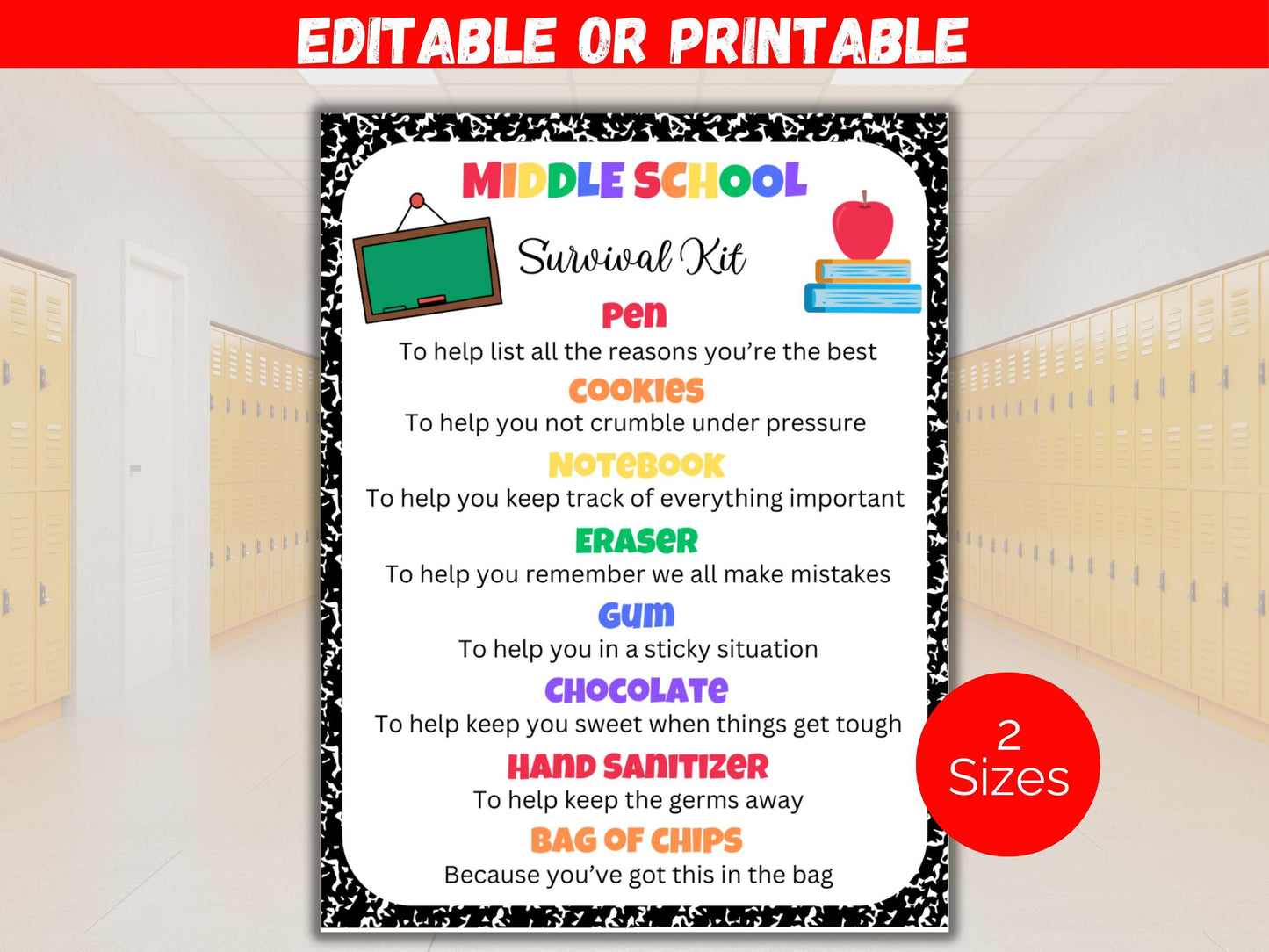 Editable Middle School Survival Kit Gift Tags