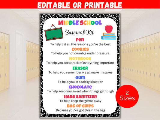 Editable Middle School Survival Kit Gift Tags