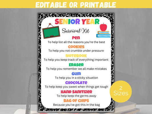 Editable Senior Year Survival Kit Gift Tags