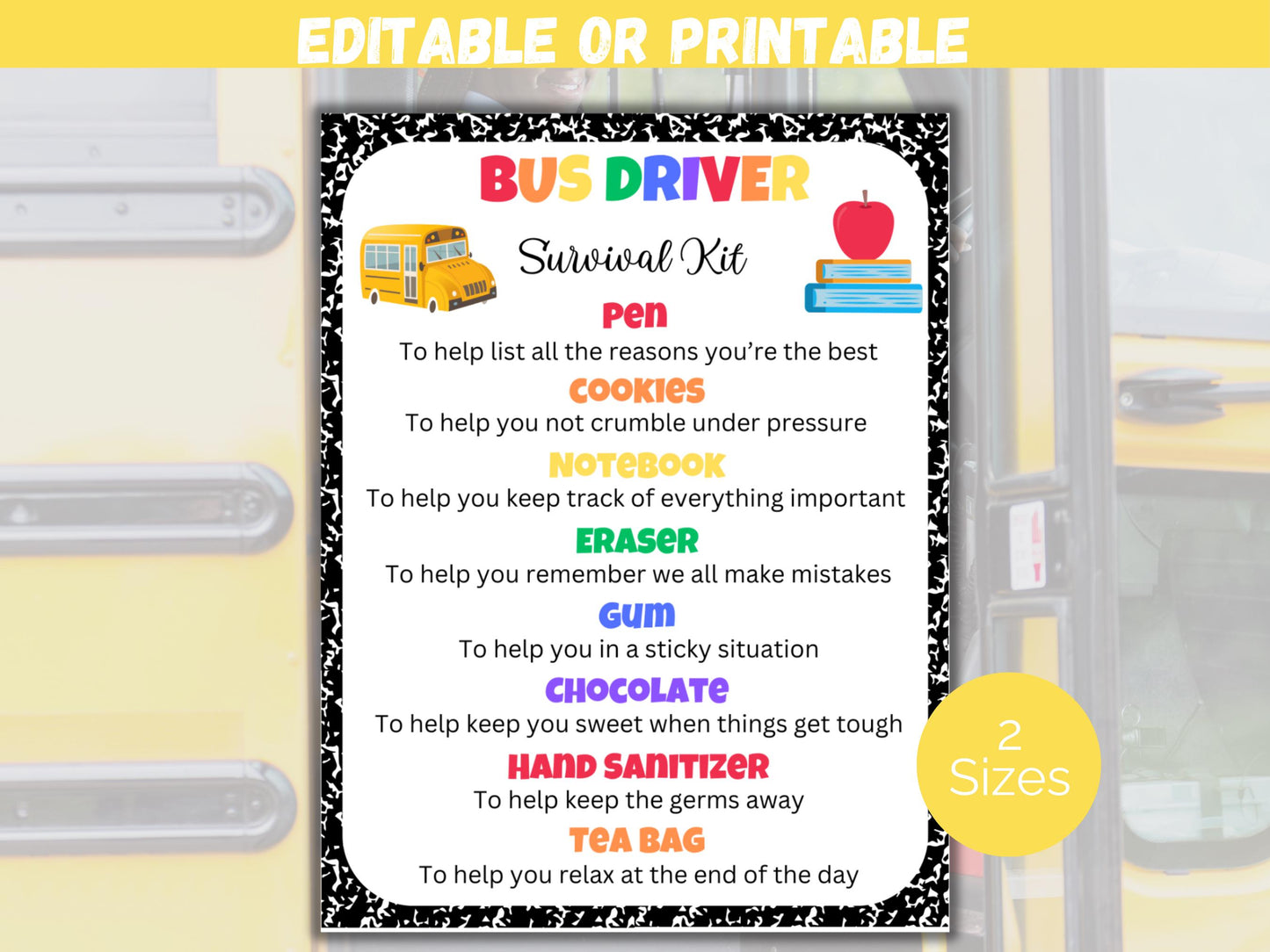 Editable Bus Driver Survival Kit Gift Tags