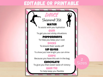 Editable Dance Survival Kit Gift Tag Template