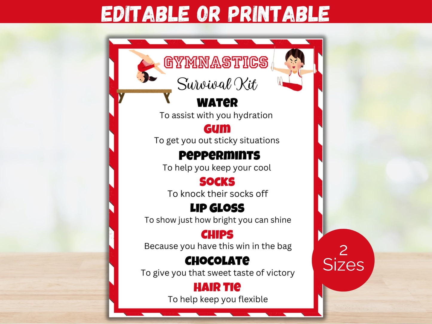Editable Gymnastics Survival Kit Gift Tag Template