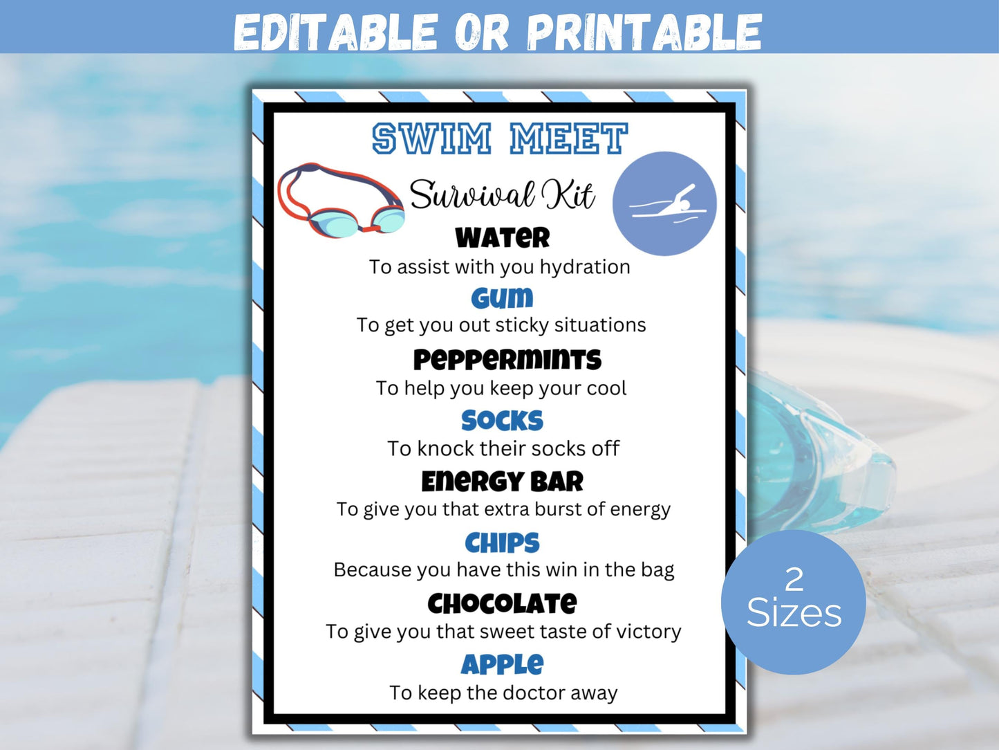 Editable Swim Team Survival Kit Gift Tag Template