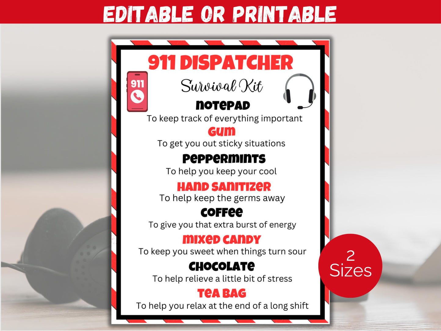 Editable 911 Dispatcher Survival Kit Gift Tag