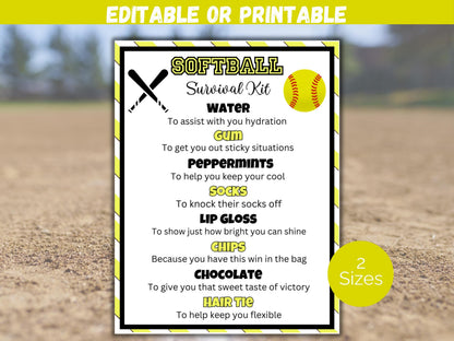 Editable Softball Survival Kit Gift Tag Template