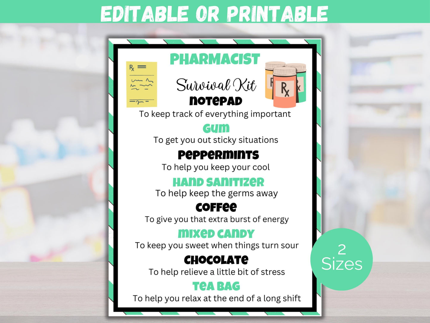Editable Pharmacist Survival Kit Gift Tags