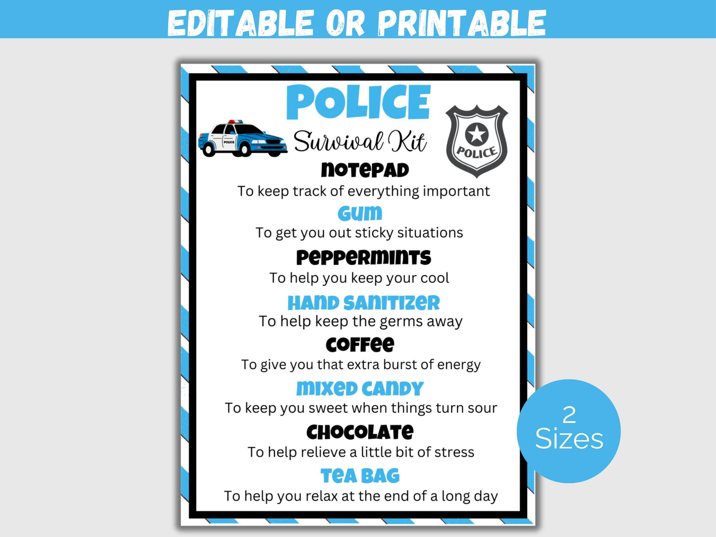 Editable Police Officer Survival Kit Gift Tags
