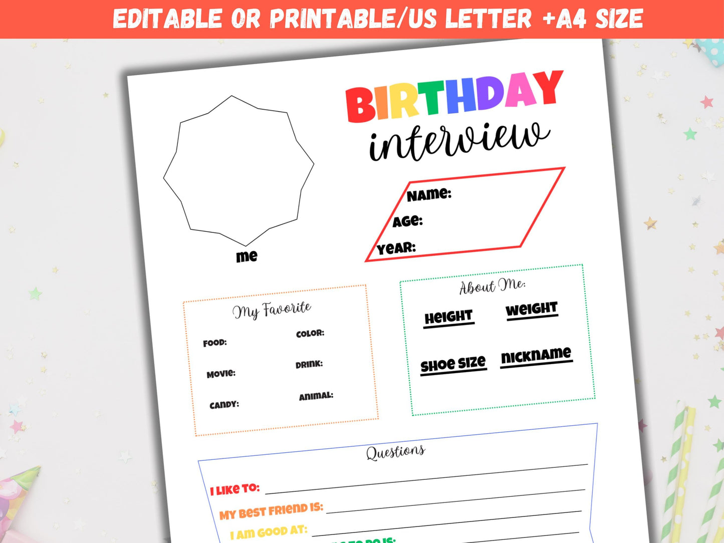 Editable All About Me Kids Birthday Interview