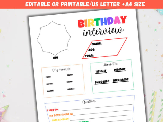 Editable All About Me Kids Birthday Interview