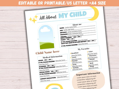 Editable All About My Child Form