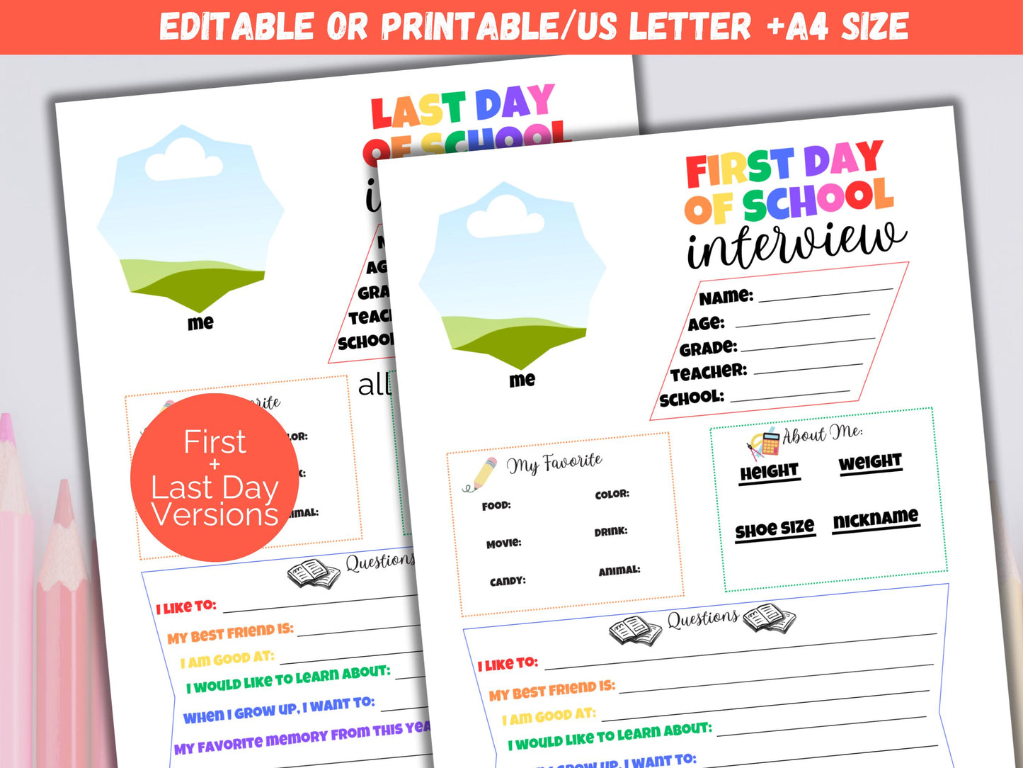 Editable All About Me First and Last Day of School
