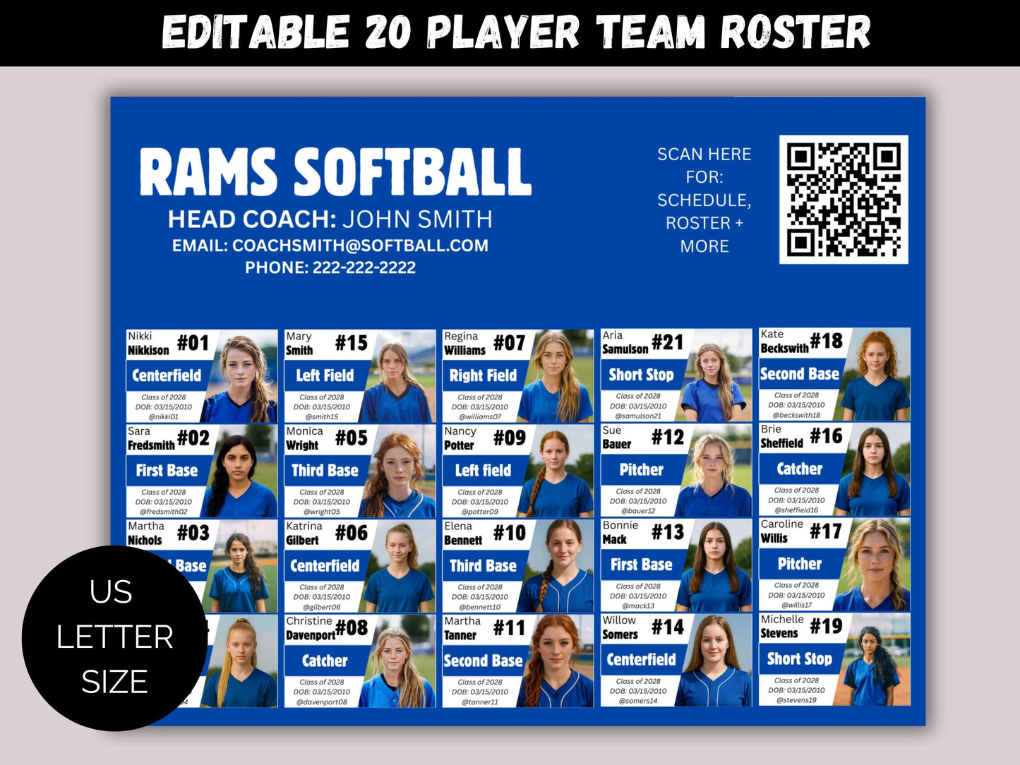 Editable 20 Player Team Roster Template