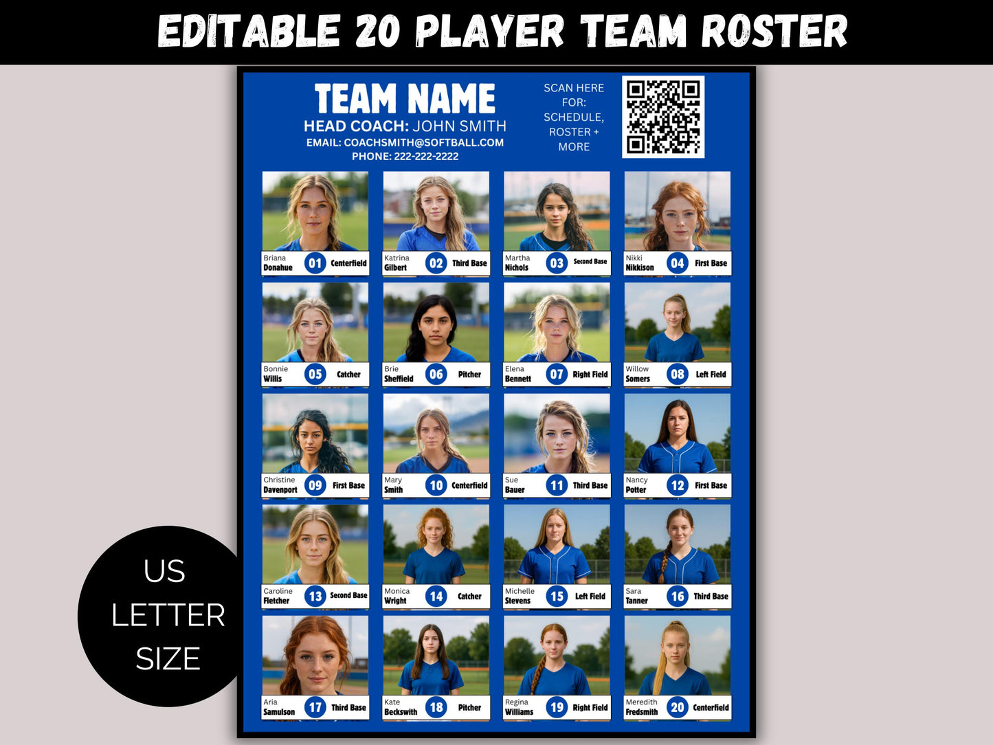 Editable  Softball Team Roster 20 Player Template