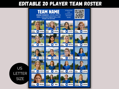 Editable  Softball Team Roster 20 Player Template