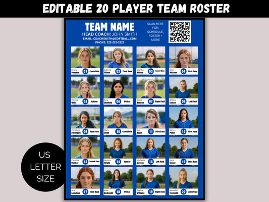 Editable  Softball Team Roster 20 Player Template
