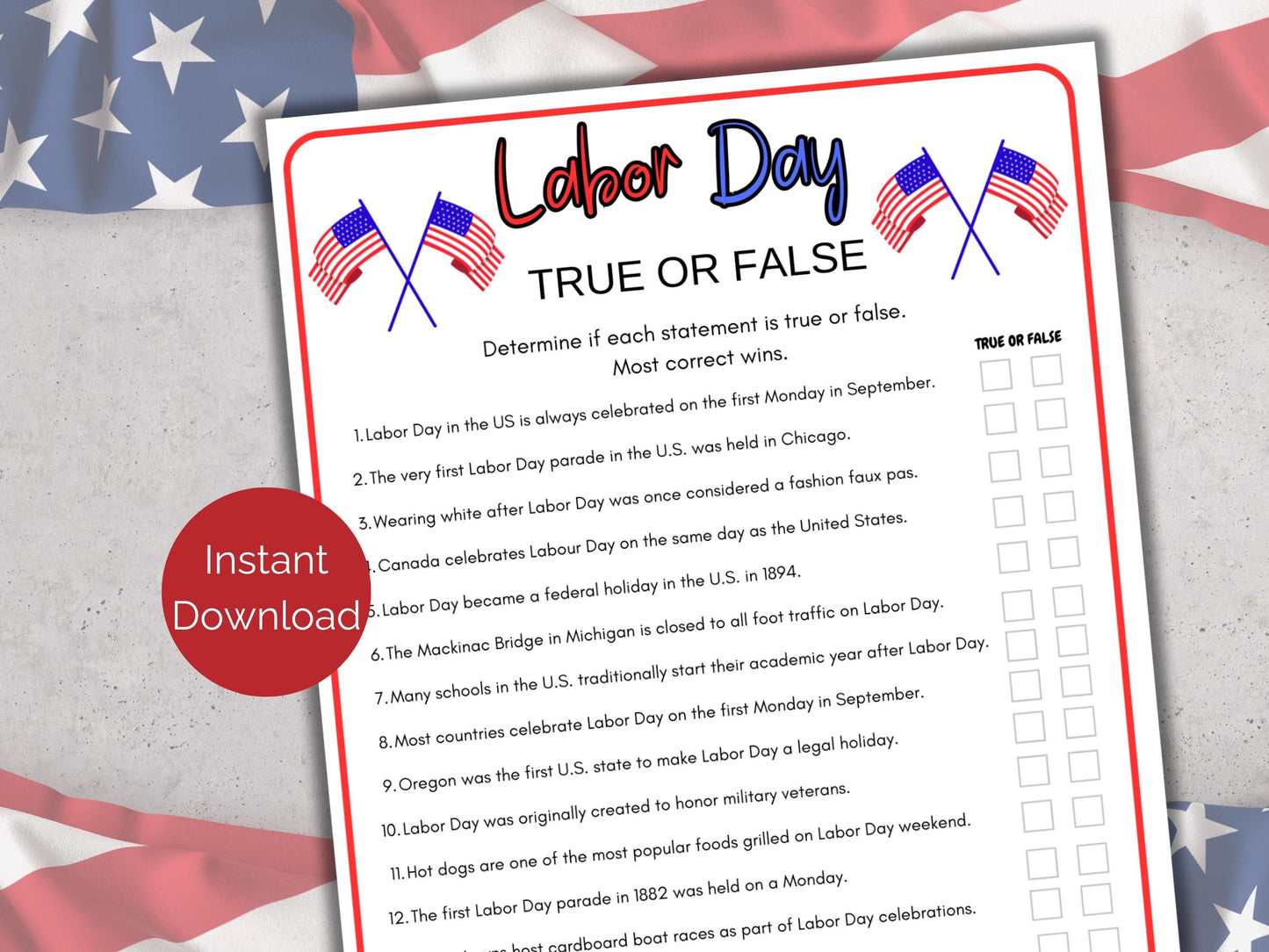 Labor Day True or False Game