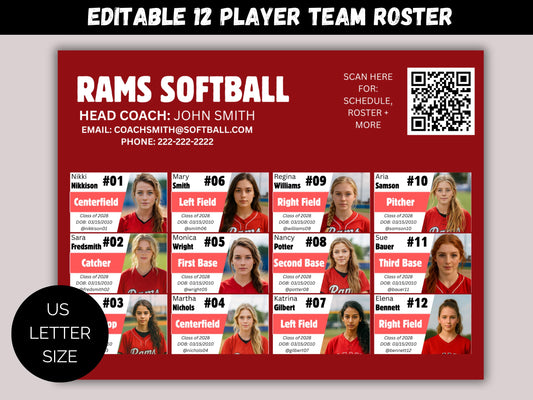 Editable 12 Player Team Roster Template