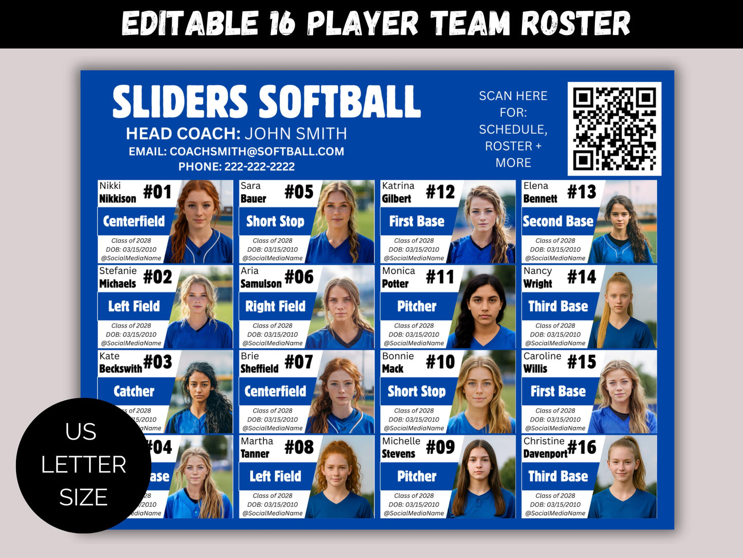 Editable 16 Player Team Roster Template