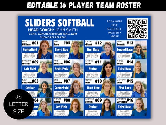 Editable 16 Player Team Roster Template
