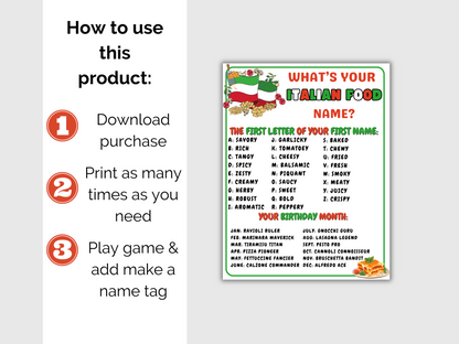 What's Your Italian Food Name Game + Name Tags