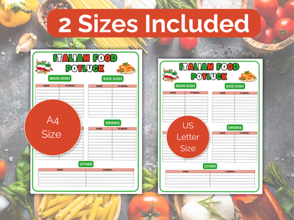 Italian Food Potluck Sign Up Sheet