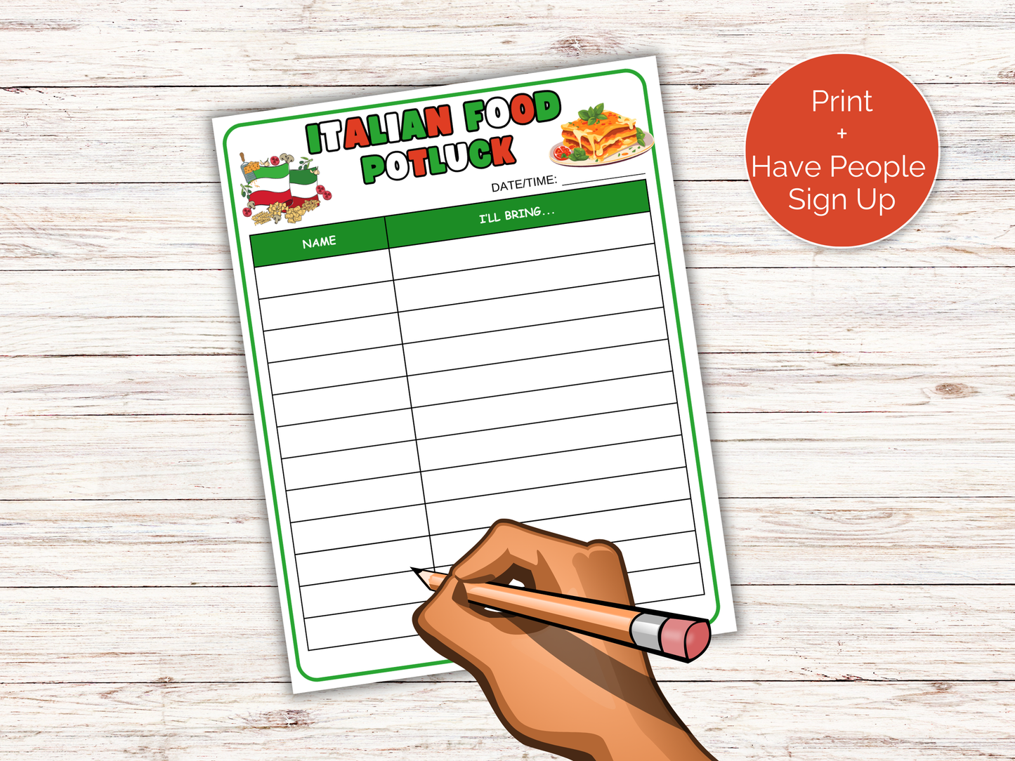 Italian Food Potluck Sign Up Sheet
