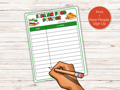 Italian Food Potluck Sign Up Sheet