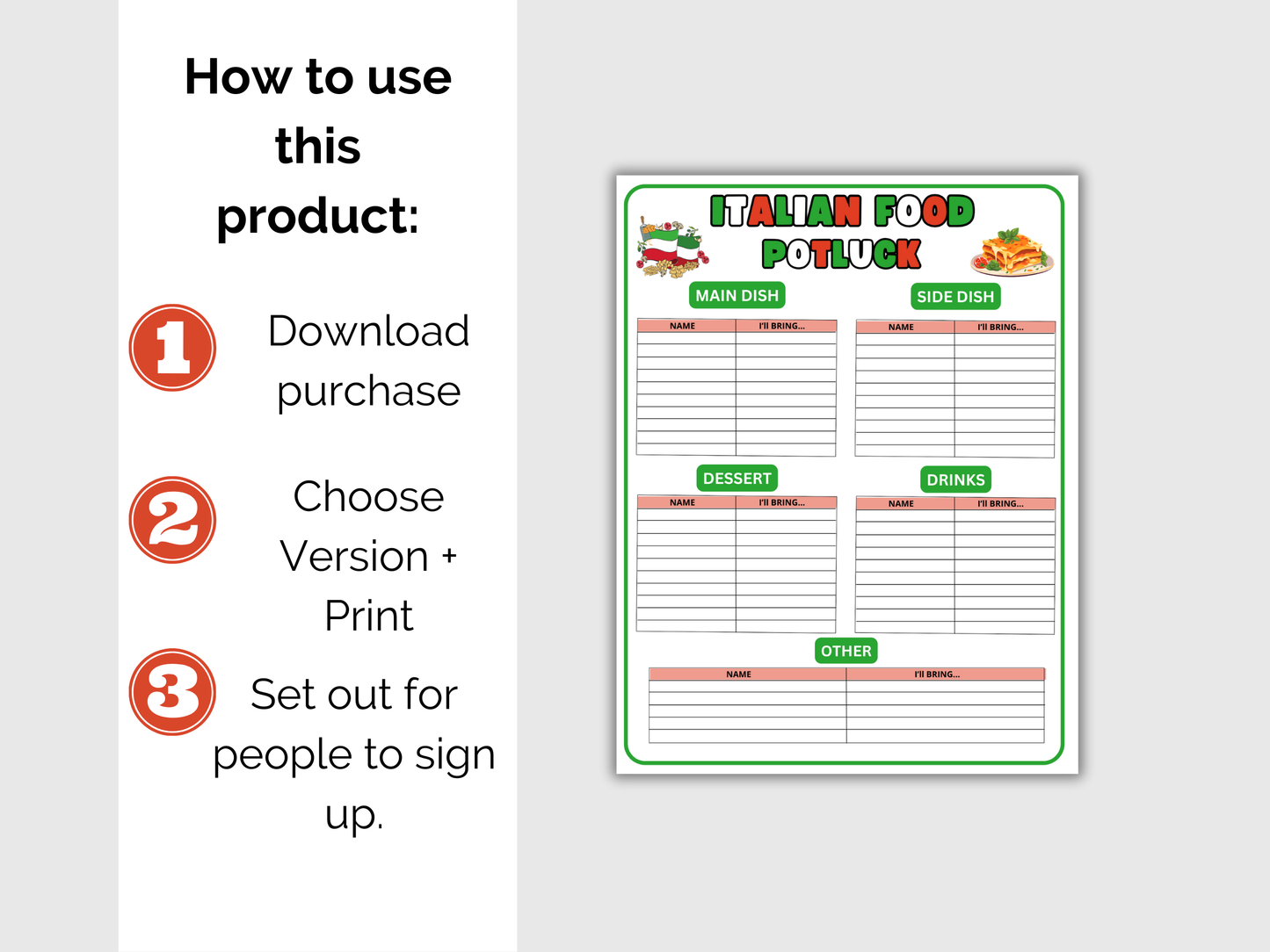 Italian Food Potluck Sign Up Sheet