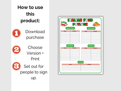 Italian Food Potluck Sign Up Sheet