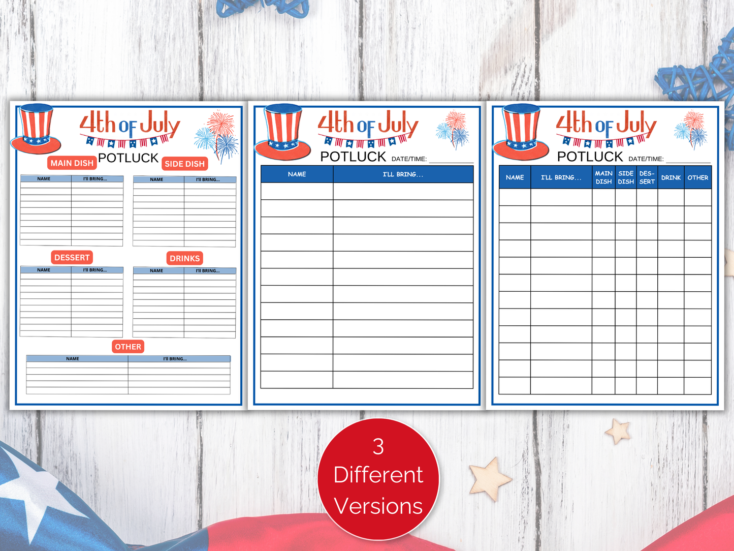 July 4th Potluck Sign Up Sheet