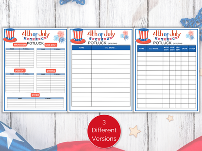 July 4th Potluck Sign Up Sheet