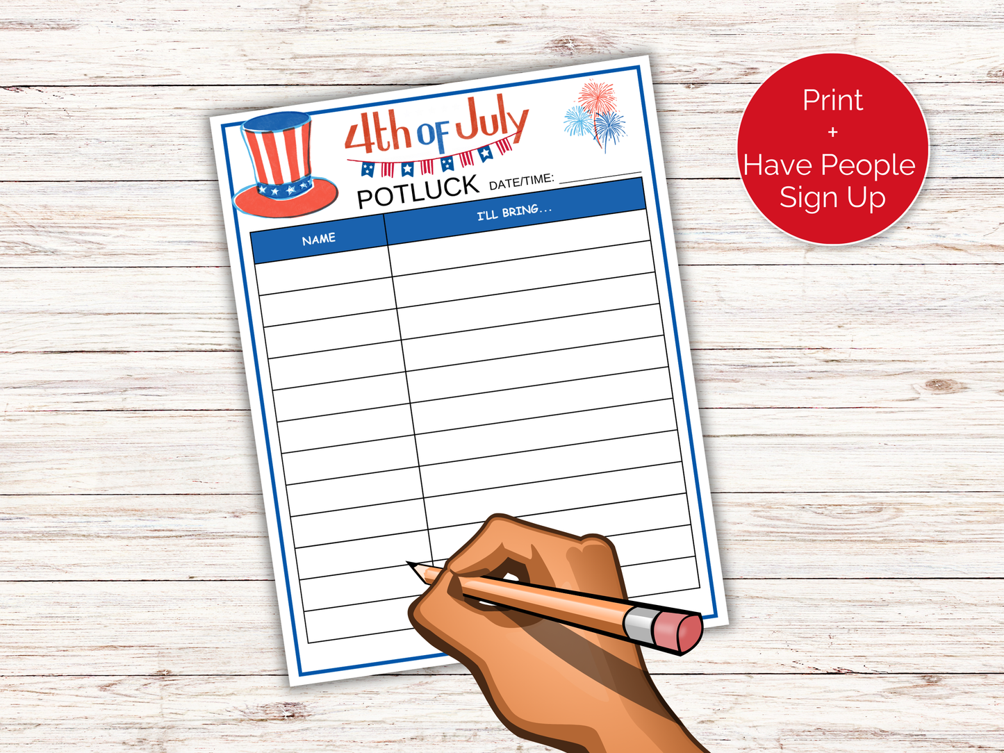 July 4th Potluck Sign Up Sheet