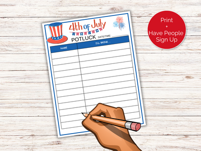 July 4th Potluck Sign Up Sheet