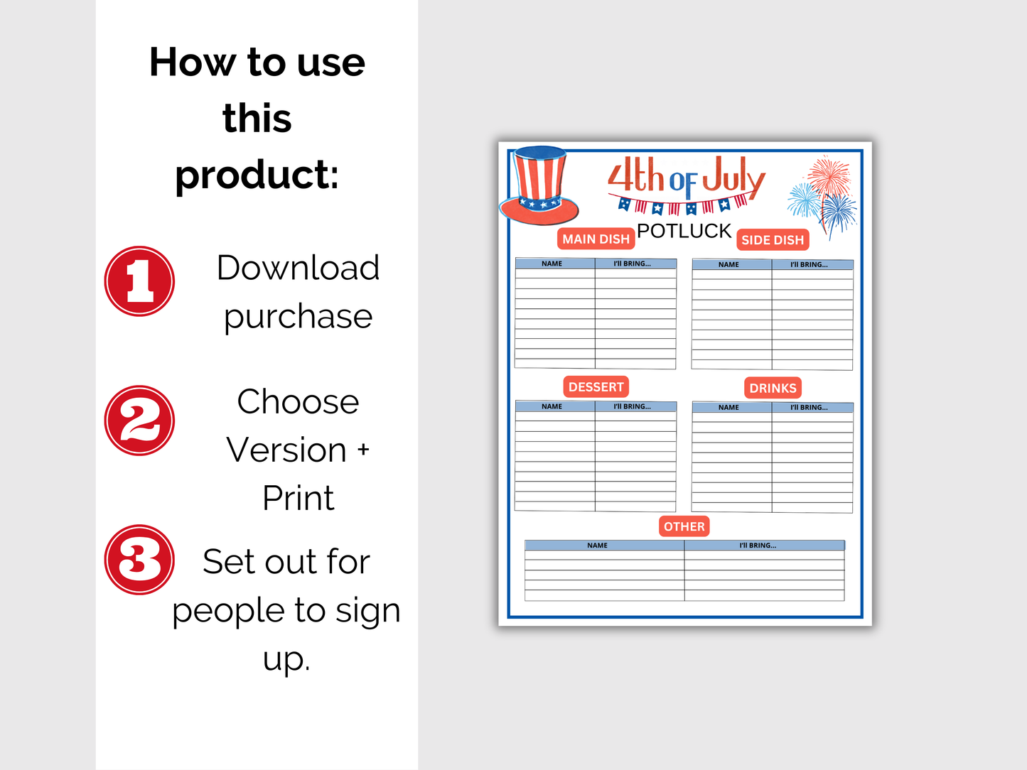 July 4th Potluck Sign Up Sheet