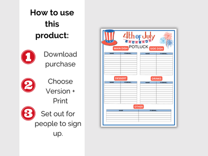 July 4th Potluck Sign Up Sheet