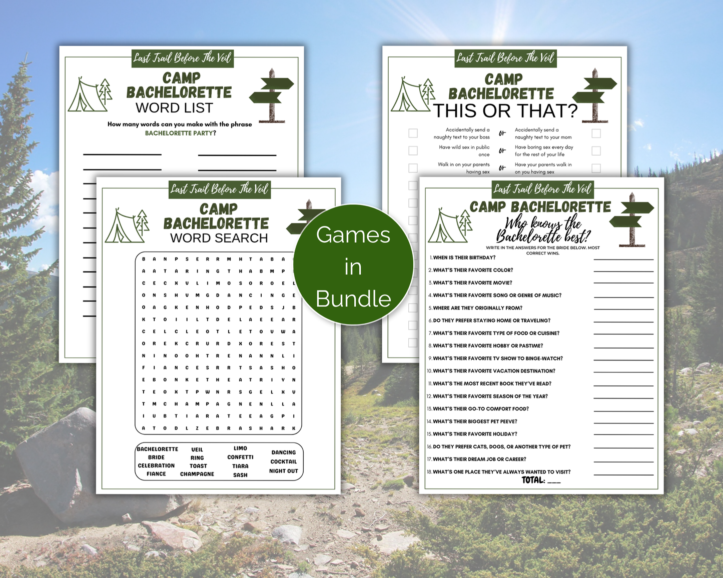 Last Trail Before The Veil Camp Bachelorette Game Bundle
