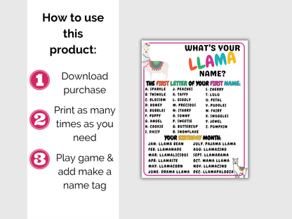 What's Your Llama Name Game + Name Tags