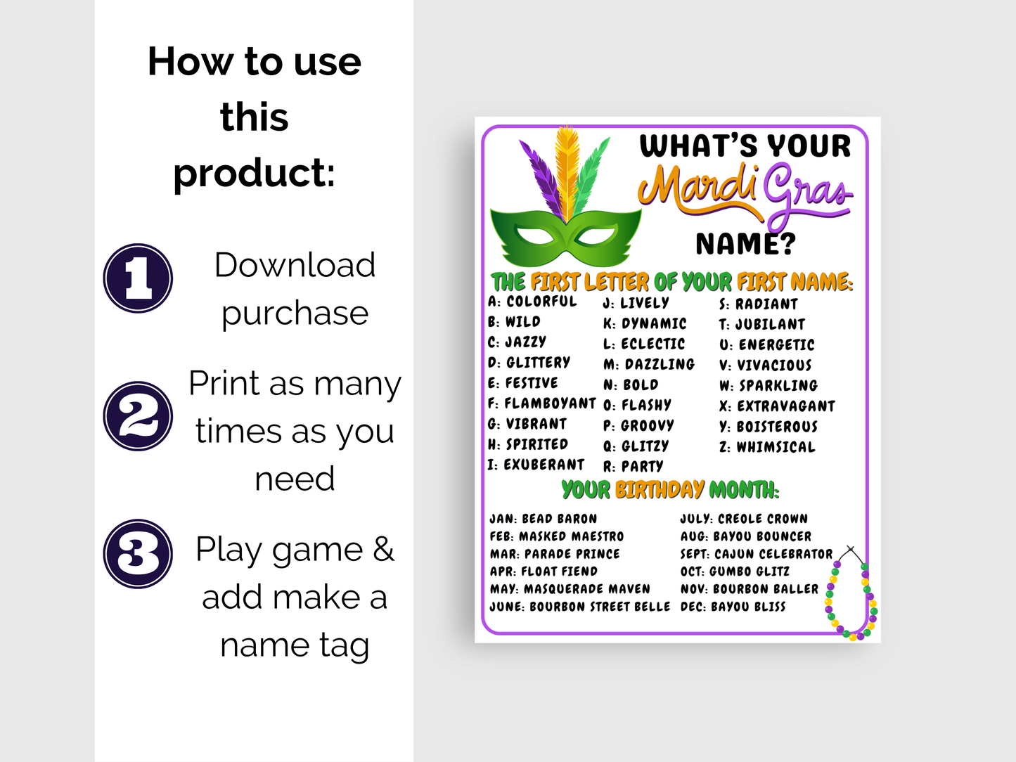 What's Your Mardi Gras Name Game + Name Tags