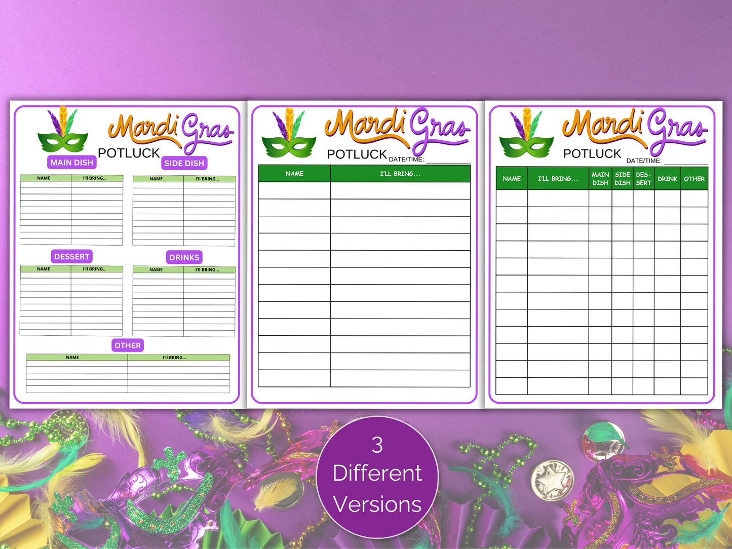 Mardi Gras Potluck Sign Up Sheet
