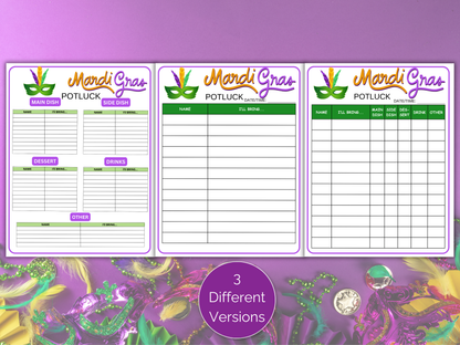 Mardi Gras Potluck Sign Up Sheet