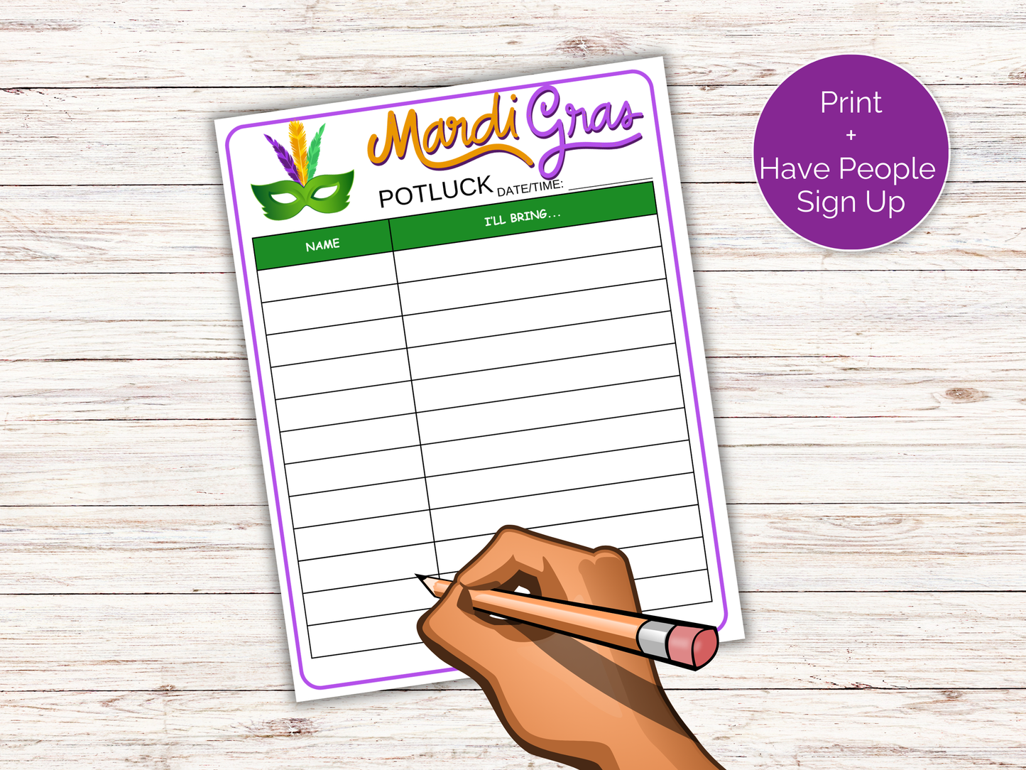 Mardi Gras Potluck Sign Up Sheet