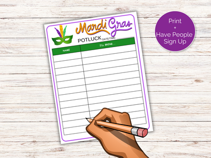 Mardi Gras Potluck Sign Up Sheet