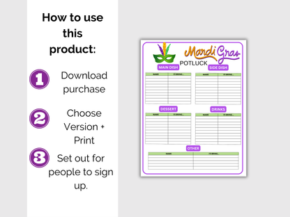 Mardi Gras Potluck Sign Up Sheet