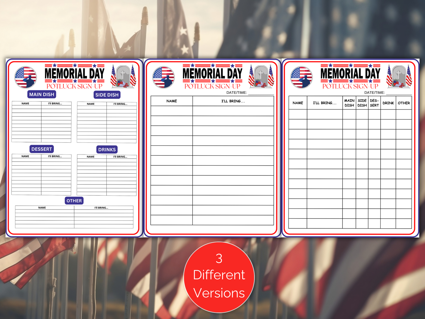 Memorial Day Potluck Sign Up Sheet