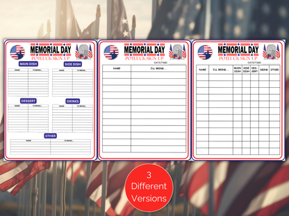Memorial Day Potluck Sign Up Sheet