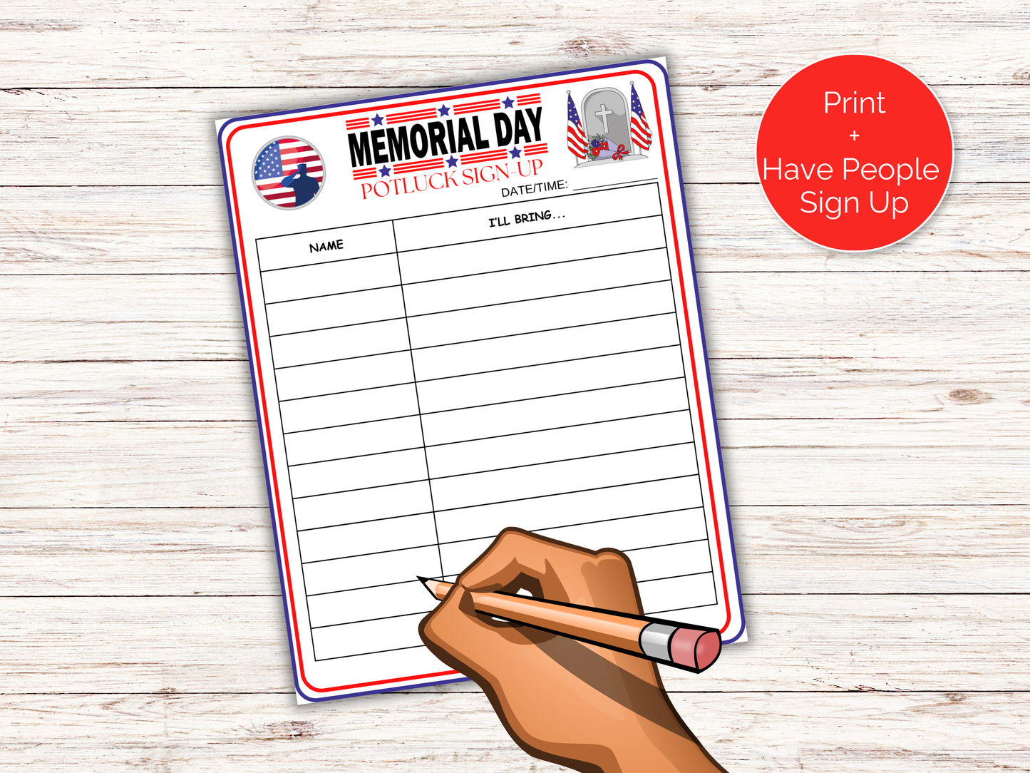 Memorial Day Potluck Sign Up Sheet
