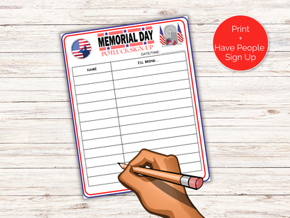 Memorial Day Potluck Sign Up Sheet