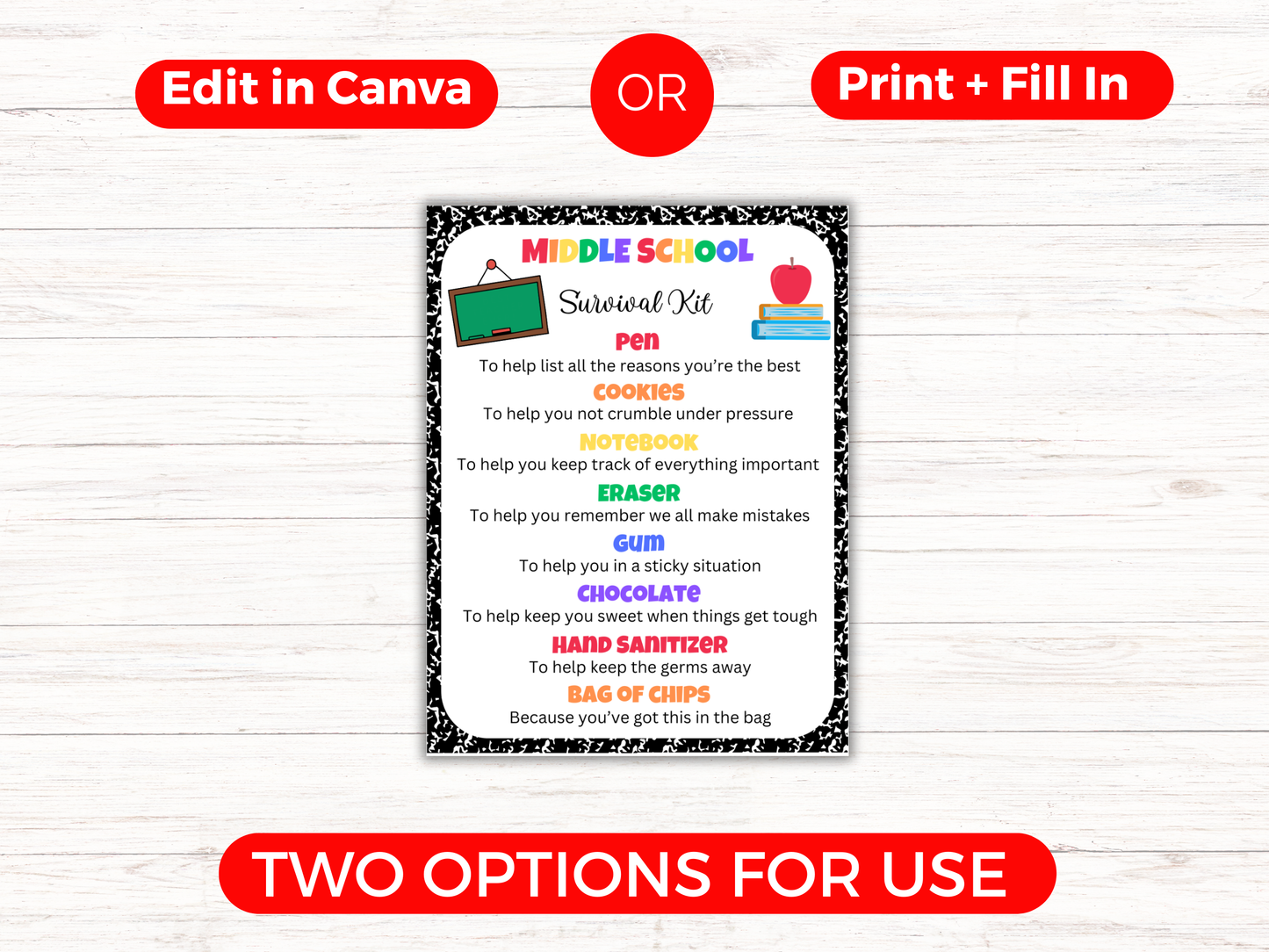 Editable Middle School Survival Kit Gift Tags