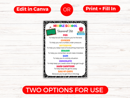 Editable Middle School Survival Kit Gift Tags